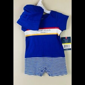 Perry Ellis America Baby Boys Blue Logo One Piece with Hat Size 3 Months.